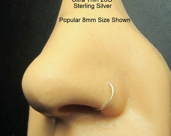 26G Silver Nose Ring, Super Ultra Thin & Dainty Nose Hoop, Sterling Silver or Gold Small Thinnest Wire Subtle Nostril Nose Ring Jewelry Gift