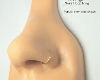 Slim Gold 22G Nose Ring for Pierced Noses, Elegant Comfortable Snug or Loose Tiny or Large Hoop Sizes 6mm to 12mm in 22 Gauge