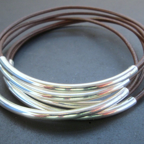 Brown Leather Bangle Set, Women's Leather Bracelets, Brown Silver Bangles, Thin Leather Brown Boho Stacking Bracelets, Silver Tube Bracelet