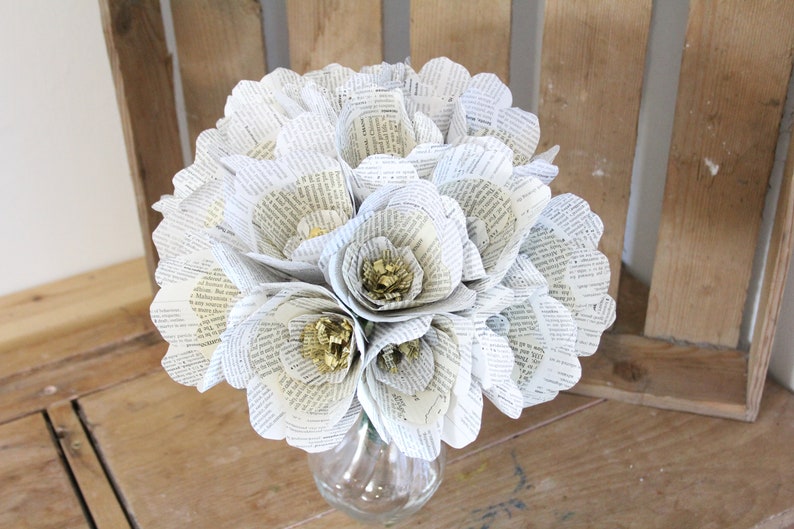 Unique wedding bridal flowers // alternative wedding bouquet // 1st anniversary gift // vintage book paper flowers // the botany of books image 1