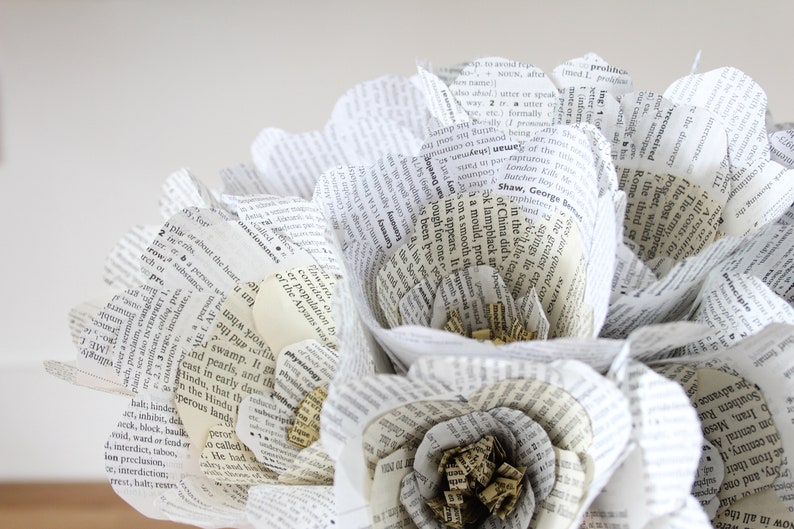 Unique wedding bridal flowers // alternative wedding bouquet // 1st anniversary gift // vintage book paper flowers // the botany of books image 3