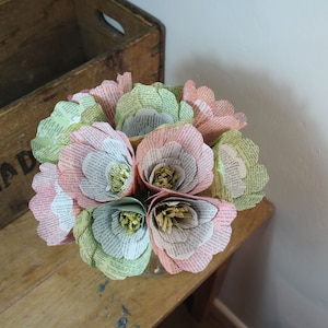 Green paper flower bouquet, Simmons Paper Emporium, alternative flowers, 1st anniversary gift. vintage book gift