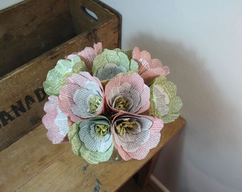 Green paper flower bouquet, the Botany of Books, alternative flowers, 1st anniversary gift. vintage book gift