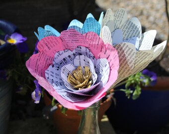 Pretty little bunch of paper flowers made from book print and musical score, ideal 1st anniversary gift