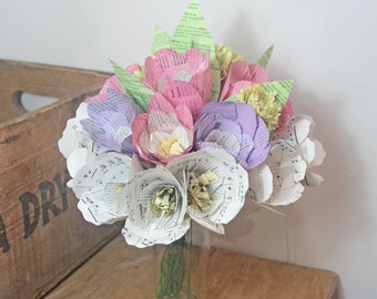 Musical score paper flowers, 1st anniversary gift, the Botany of Books, alternative bouquet of eco-friendly flowers