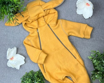 Organic fleece kids sweatsuit Bunny mustard, Bunny ears sweatsuit, unisex sweatsuit, natural, first overall, organic, certified