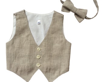 Boys linen Vest and Bowtie, Linen vest for boy, festive set, little gentleman set, Ringbearer clothes,  grey linen, Toddler Wedding Outfit