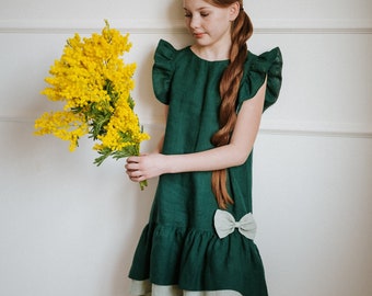 Girls linen dress with frill green, flower girl dress, summer linen dress, summer dress green, natural linen dress