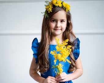 Girls linen dress royal blue, flower girl dress, summer linen dress, summer dress blue, natural linen dress