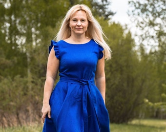 Handmade Royal Blue Linen Dress, Sleeveless Summer Dress - Etsy