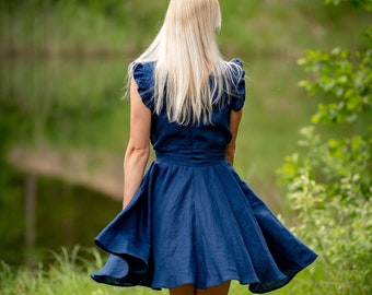 Blue linen dress with frills, dark blue natural linen dress, woman summer dress, natural romantic dress, handmade