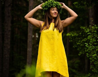Yellow Linen Summer Dress, Sleeveless Romantic Handmade Dress