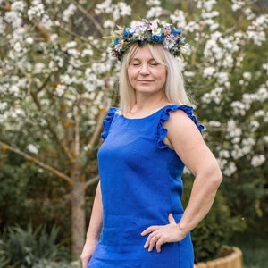 Leinenkleid mit Rüschen royalblau, Frauen Leinenkleid blau, romantisches Kleid, Sommerkleid, blaue Farbe Leinenkleid, handgemachtes Kleid natur