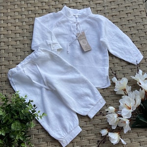 Baby boy baptism suit linen snow-white, white linen outfit baby boy linen shirt pants, christening, Boy Blessing Outfit, linen shirt image 1