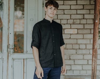 Linen shirt for man black. Classic linen shirt with buttons. Man linen shirt black. Flax shirt. Beach party shirt.  Summer shirt.