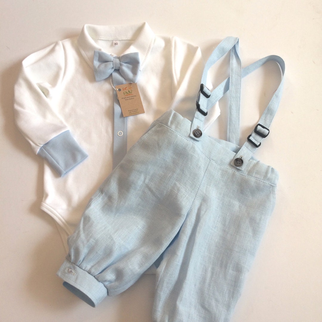 Babyboy White Blue Linen Baptism Set, Babyboy Christening Outfit