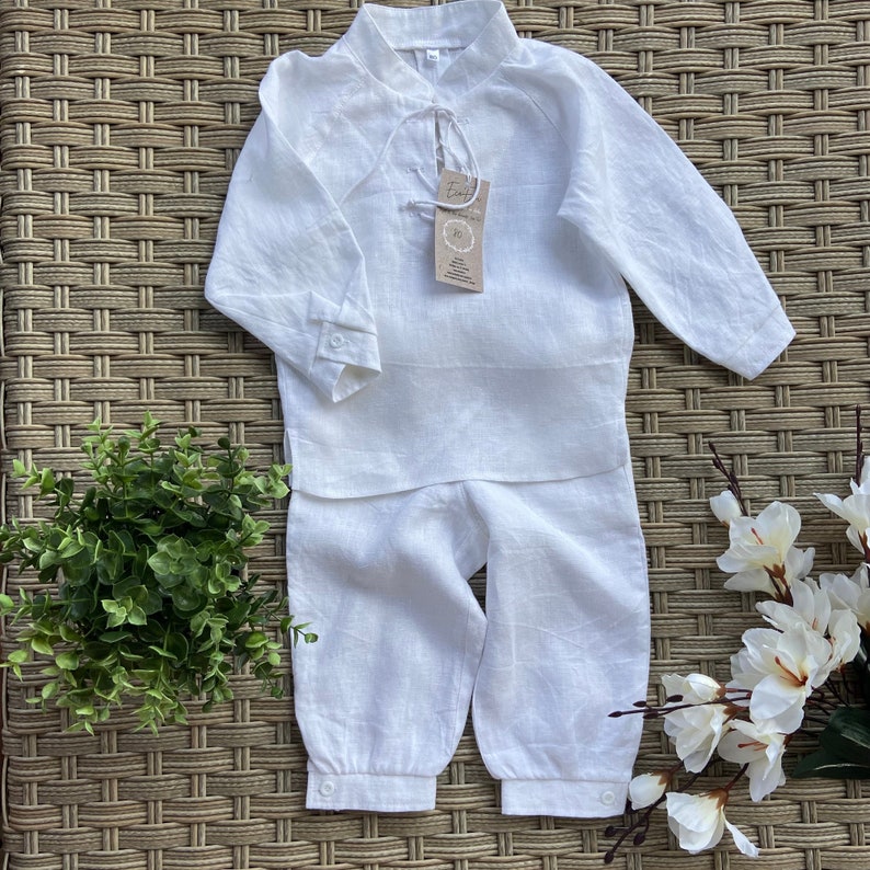 Baby boy baptism suit linen snow-white, white linen outfit baby boy linen shirt pants, christening, Boy Blessing Outfit, linen shirt image 6