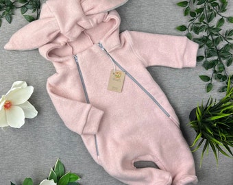 Organic fleece baby suit bunny pink, Bunny ears sweatsuit, girls sweatsuit, natural, first overall, organic, certified