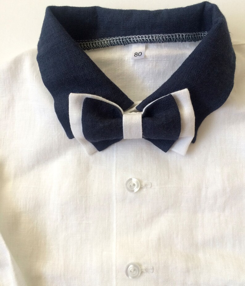 Boys Linen Shirt White Blue Bow Tie Baby Boy Baptism Shirt Etsy