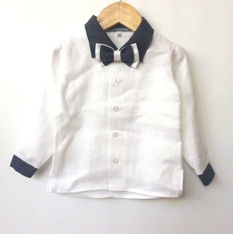 Boys Linen Shirt White Blue Bow Tie Baby Boy Baptism Shirt Etsy