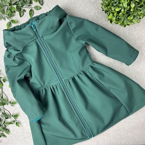 Dark Green Girls Softshell Jacket, Windproof Fleece Lined Toddler Coat