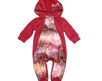 Girls sweatsuit FLAMINGO, jumpsuit with hood pink, kids jumpsuit coral pink, baby girl brushed back cotton outfit,  kids sleep suit