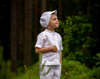 Costume en lin blanc pour garçon, tenue de baptême, chemise, short, chapeau