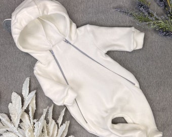 Organic fleece sweatsuit Bear white, suit with footies, natural, first overall, organic, certified, shower gift, first suit