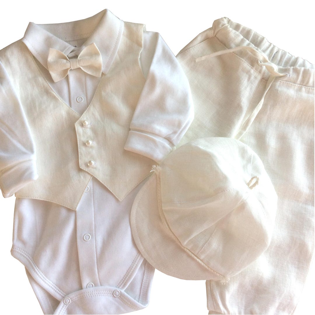 Babyboy White Linen Baptism Set, Babyboy Christening Outfit