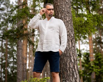 Man linen shirt White,  Classic linen shirt with buttons, Wedding shirt white,   Flax shirt. Beach party shirt,  Collar shirt man white