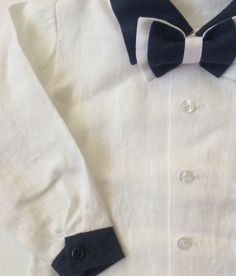 Boys Linen Shirt White Blue Bow Tie Baby Boy Baptism Shirt Etsy
