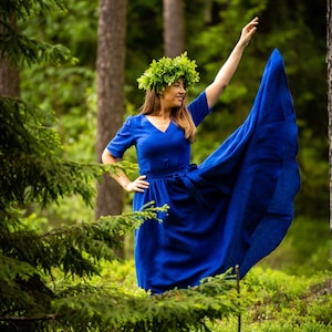 Royal Blue Maxi Linen Dress, Full Circle Skirt, Occasion Gown