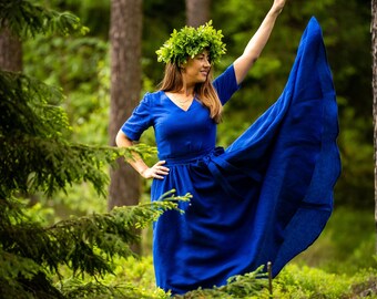 Maxi linen dress blue, floor length woman linen dress, romantic dress, royal blue, long linen circle dress, Occasion dress, wedding dress