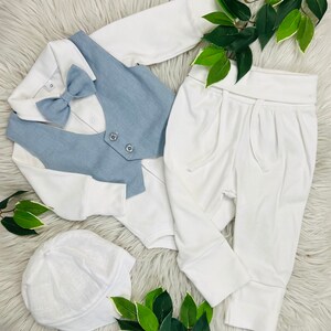 Babyboy baptism set white grey blue, oranic cotton linen set, christening set, festive set, Boy Blessing Outfit with Hat, first outfit