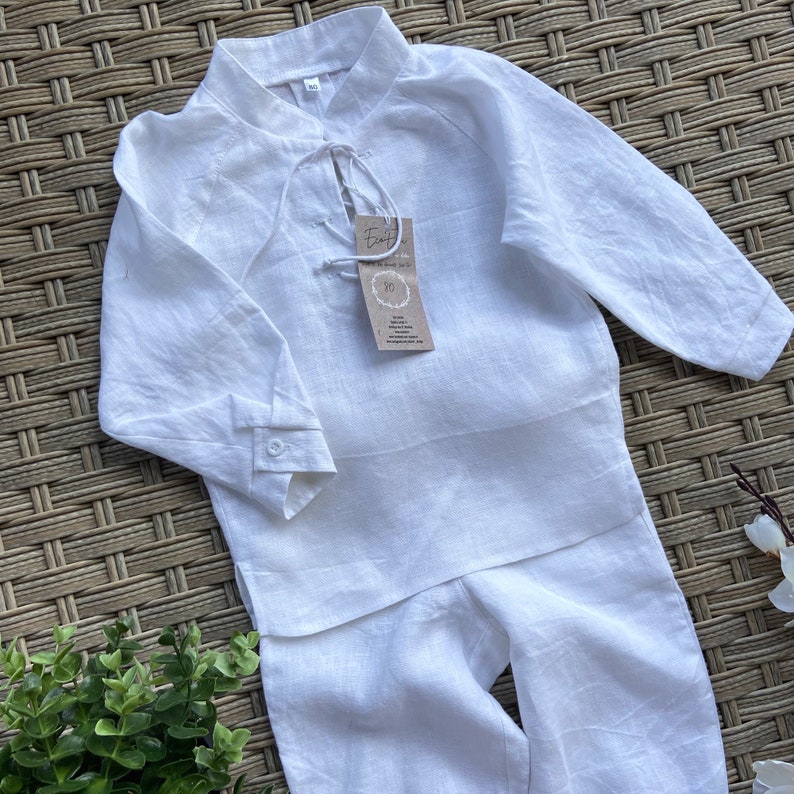Baby boy baptism suit linen snow-white, white linen outfit baby boy linen shirt pants, christening, Boy Blessing Outfit, linen shirt image 7