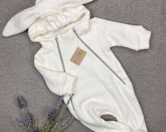 Organic fleece baby suit bunny white, Bunny ears sweatsuit,  natural, first overall, organic, certified, shower gift, first suit