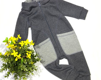 Gray jumpsuit with pockets and hood, kids sweatsuit gray, brushed back cotton outfit,  kids sleep suit, fluffy suit graphite