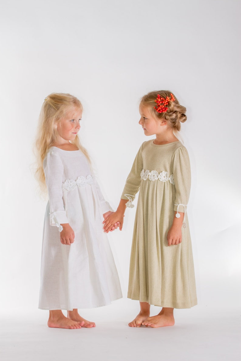 Flower girl dress white  Girls linen dress white  Linen dress with crochet flowers   Baptism dress white   Christening dress
