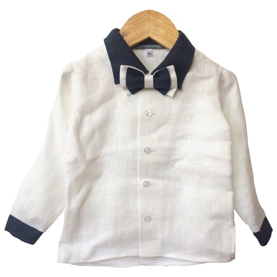 Boys linen shirt white blue bow tie baby boy baptism shirt Etsy