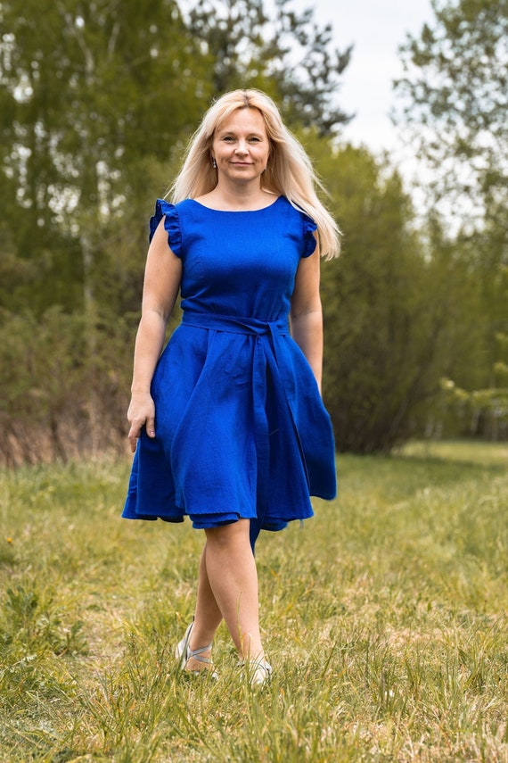 Linen Dress With Frills Royal Blue, Woman Dress Blue , Natural Romantic  Dress, Blue Color Linen , Handmade 