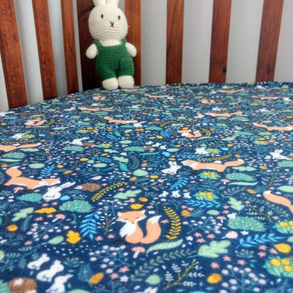 Handmade Blue Forest Friends Fitted Flannel Cot Sheet