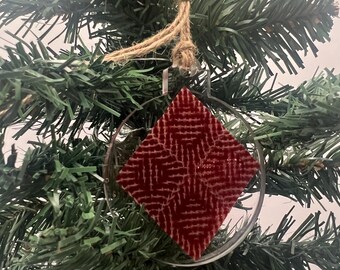 Handmade Christmas Ornament - Handwoven Fabric embedded in resin