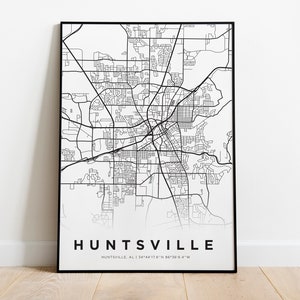 Impression numérique de téléchargement de plan de ville personnalisé, impression de carte de rue de Huntsville Alabama