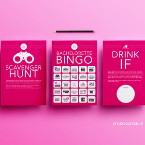 Bachelorette Party Game Pack 3 games-in-1, Dare Cards, Drink If, and Scavenger Hunt image 1