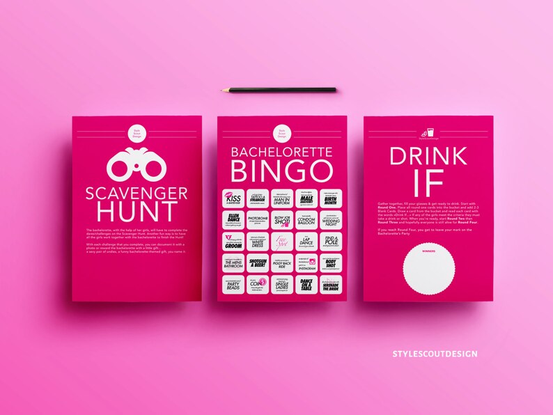 Bachelorette Party Game Pack 3 games-in-1, Dare Cards, Drink If, and Scavenger Hunt image 1