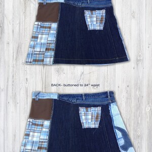 May include: Two denim skirts with brown and blue plaid fabric patches. The skirt on top has a 22.5 inch waist and the skirt on the bottom has a 24 inch waist. Both skirts have the text "BACK - buttoned to" on them.
