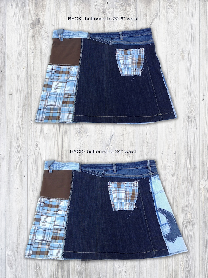May include: Two denim skirts with brown and blue plaid fabric patches. The skirt on top has a 22.5 inch waist and the skirt on the bottom has a 24 inch waist. Both skirts have the text "BACK - buttoned to" on them.