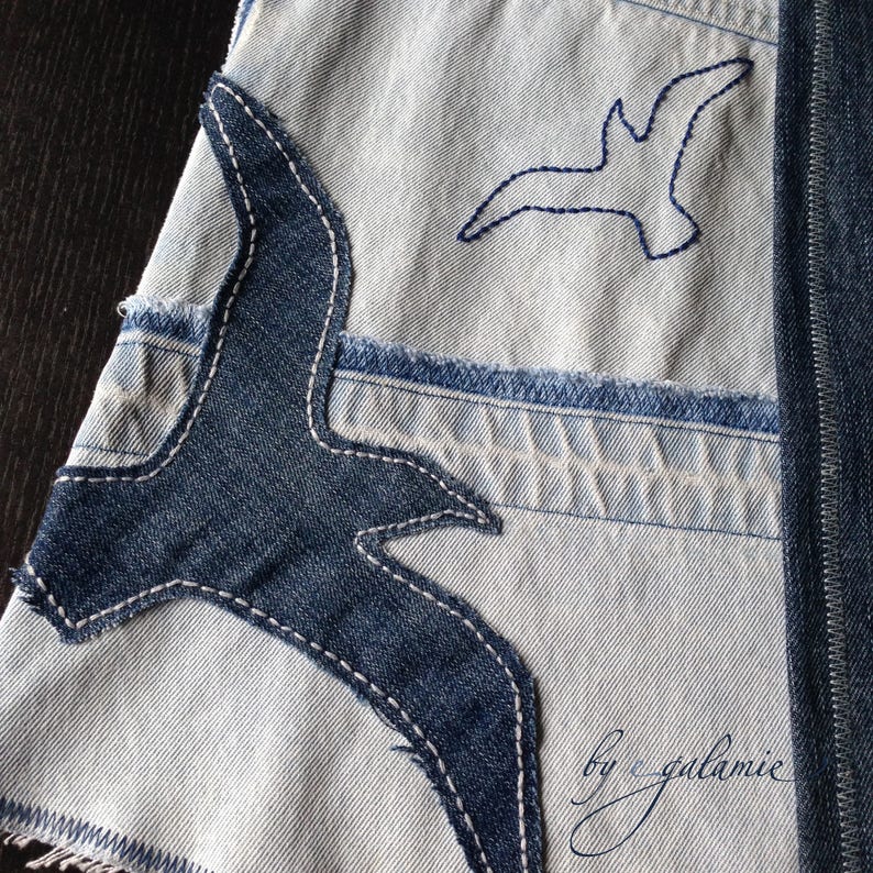 Upcycled Patchwork Wrap Skirt, Appliqué Artsy Wrap Skirt, Wearable Art, Funky Skirt, Sustainable, Eco Cloth, Boho, L-XXL, Seagulls, Denim image 4