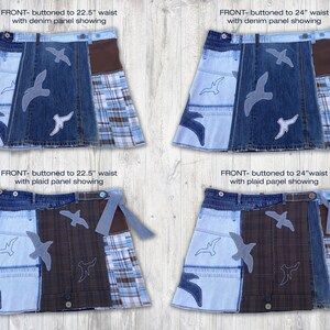 May include: Four denim skirts with different plaid and denim panels. Each skirt has a different combination of blue, brown, and white plaid and denim panels. The skirts are all buttoned at the waist and have a tie at the side. The skirts are all decorated with embroidered birds.