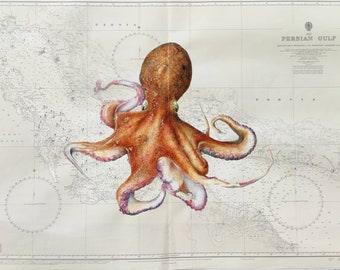 I make an octopus, cuttlefish, squid or crab painted on an authentic vintage nautical map